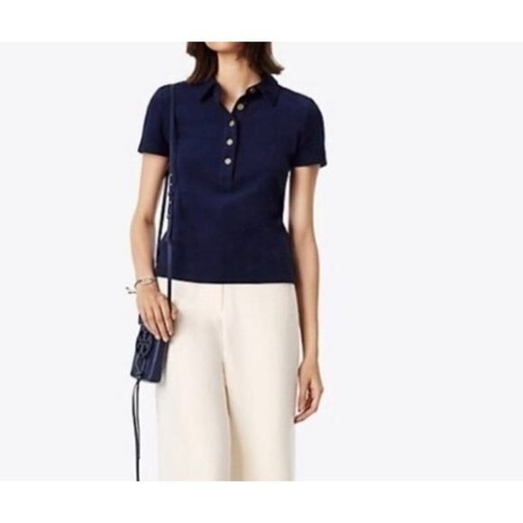 Tory Burch Tops - Tory Burch Lennox Polo Five Button Cotton Short Sleeve Navy Size Medium